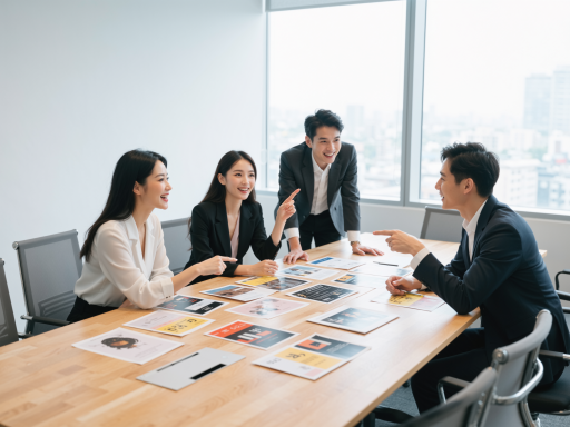 Brand strategy consulting service with professional team discussing market analysis charts and brand positioning concepts at modern office desk
